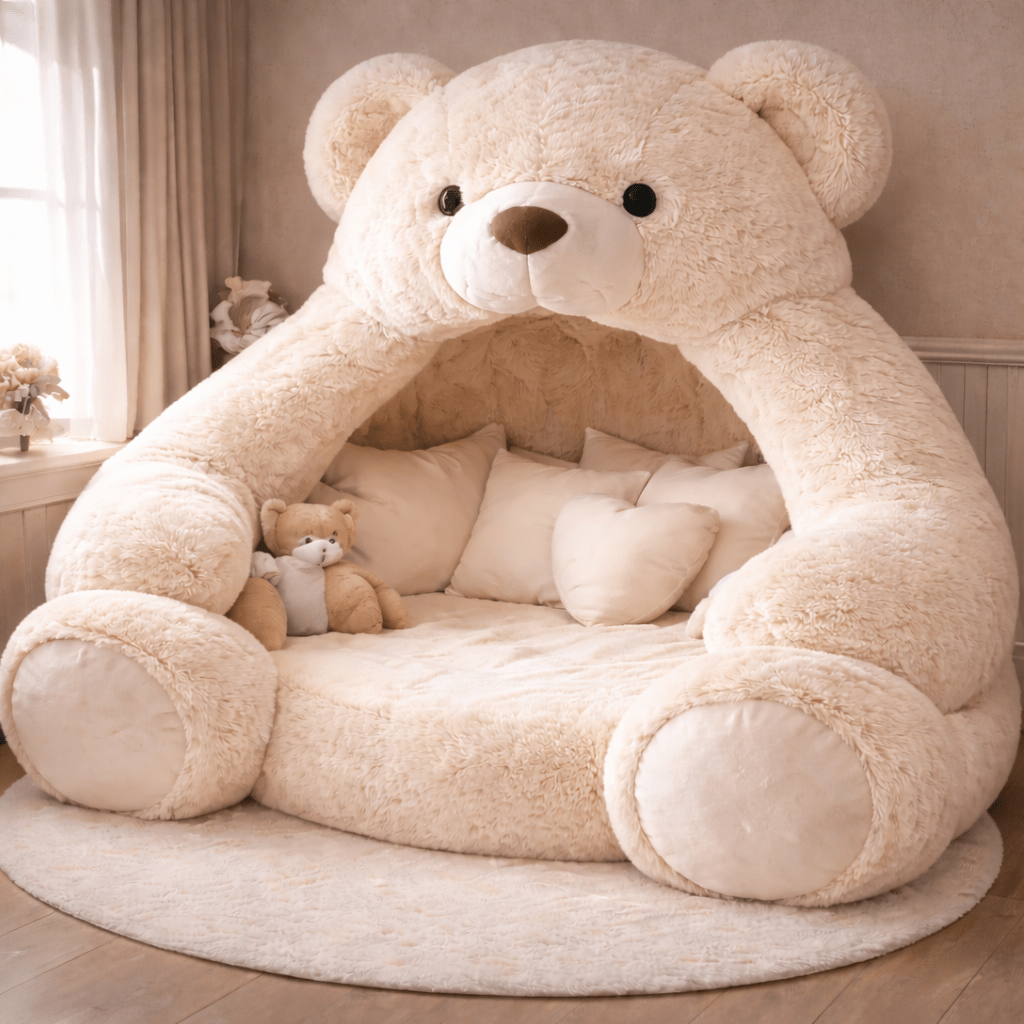Large cream teddy bear shaped lounger bed with soft cushions in a warm neutral interior