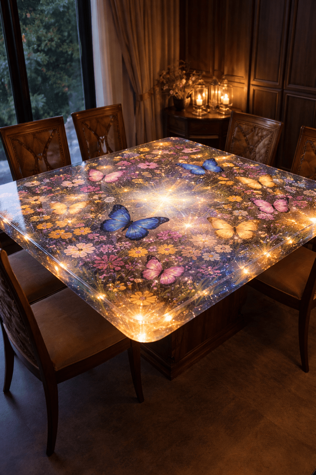 LED lit butterfly galaxy resin dining table featuring colourful butterflies and embedded flowers