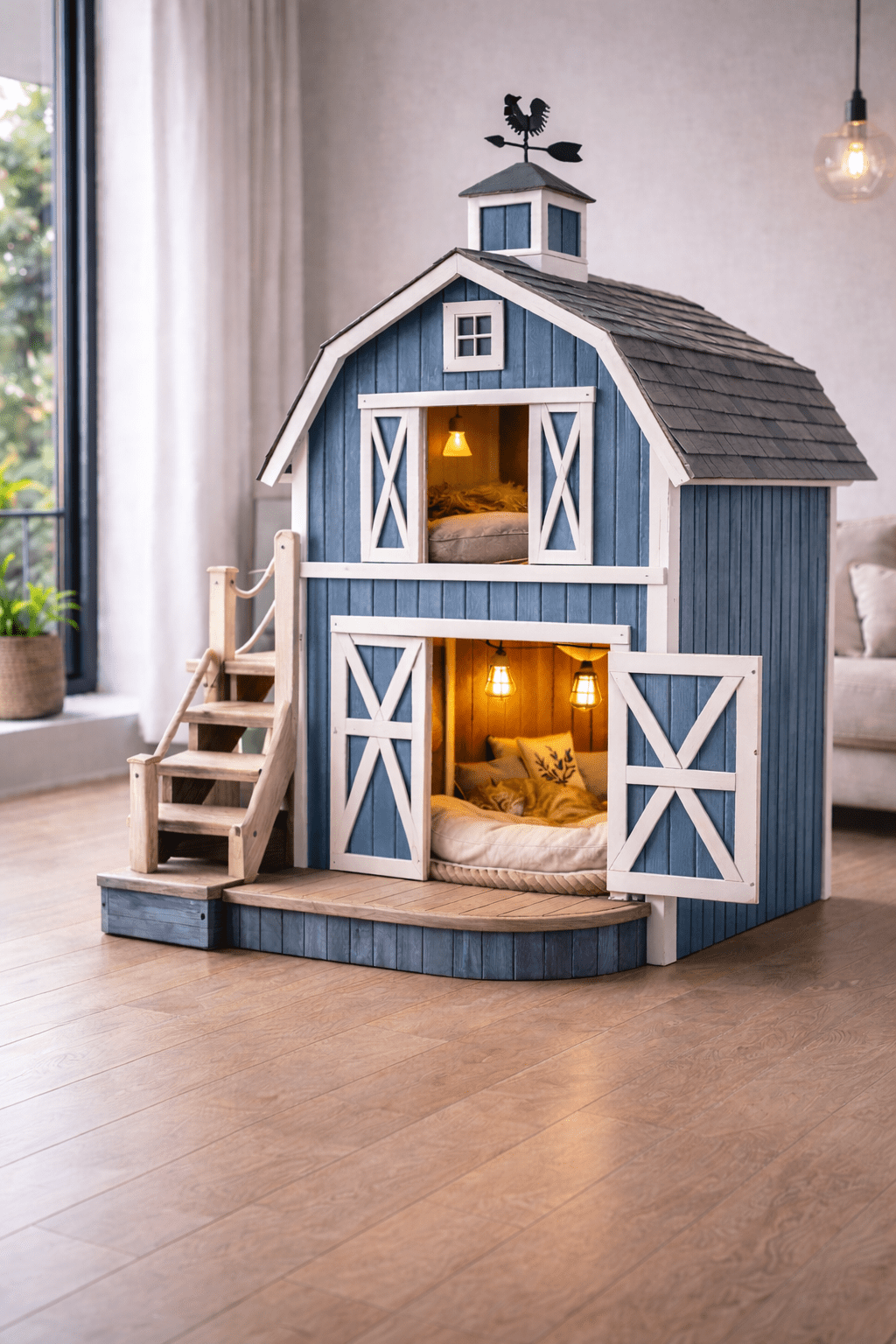 Blue two-storey barn-shaped cat house with wooden steps and cosy lit interior