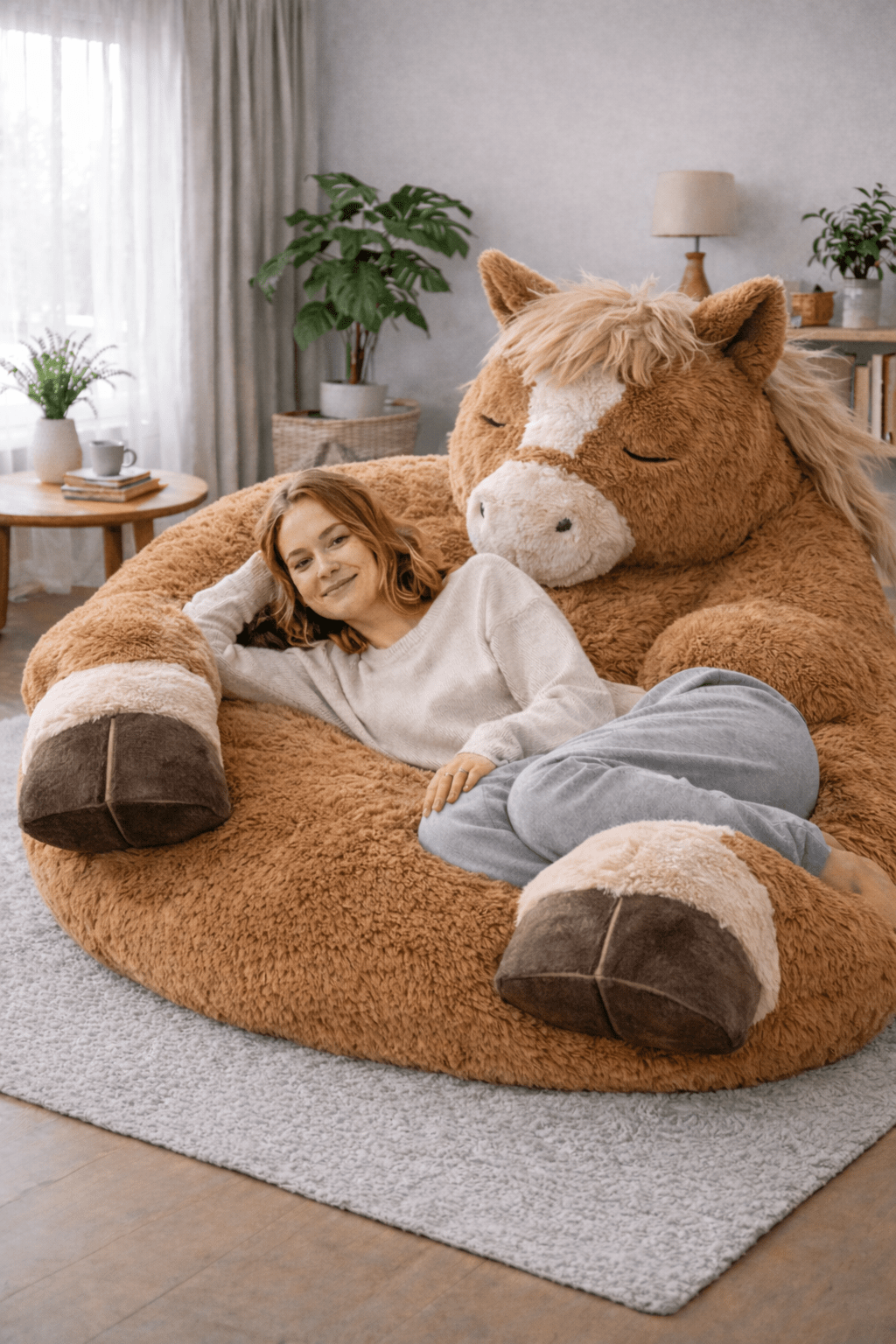 Woman relaxing on a giant brown plush lounger in a cosy living room
