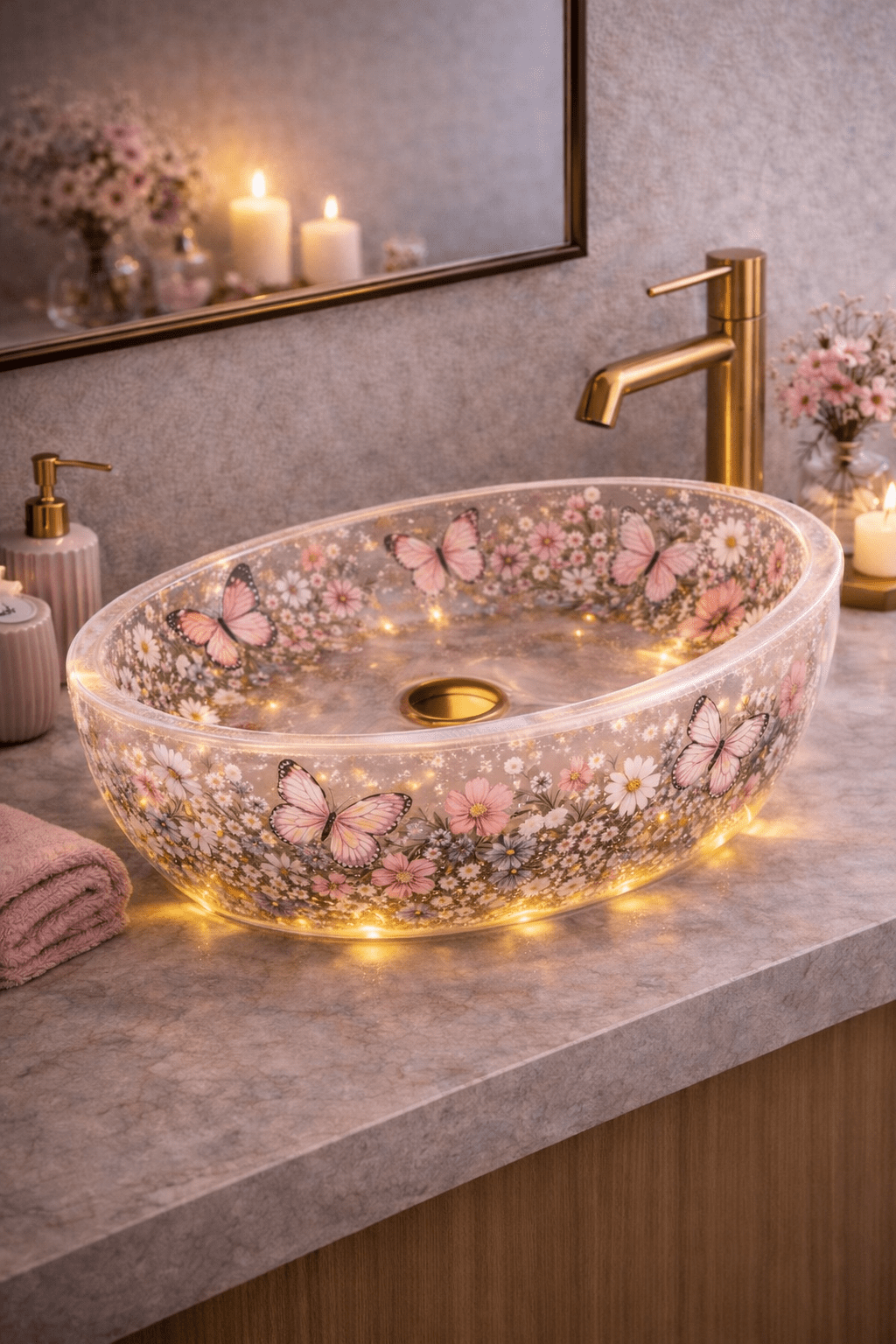 Pink resin basin with preserved blossoms and integrated golden LED illumination
