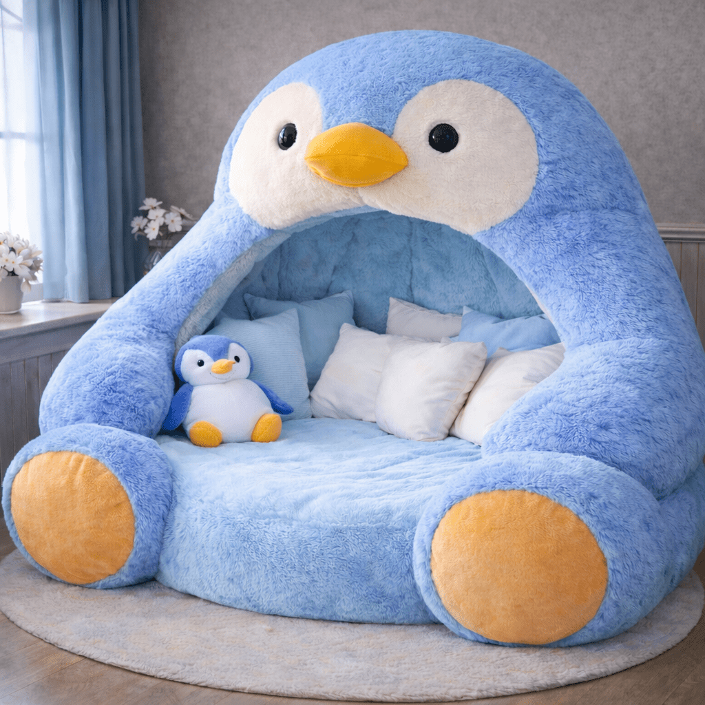 Light blue penguin lounge pod with plush padded seating and matching cushions