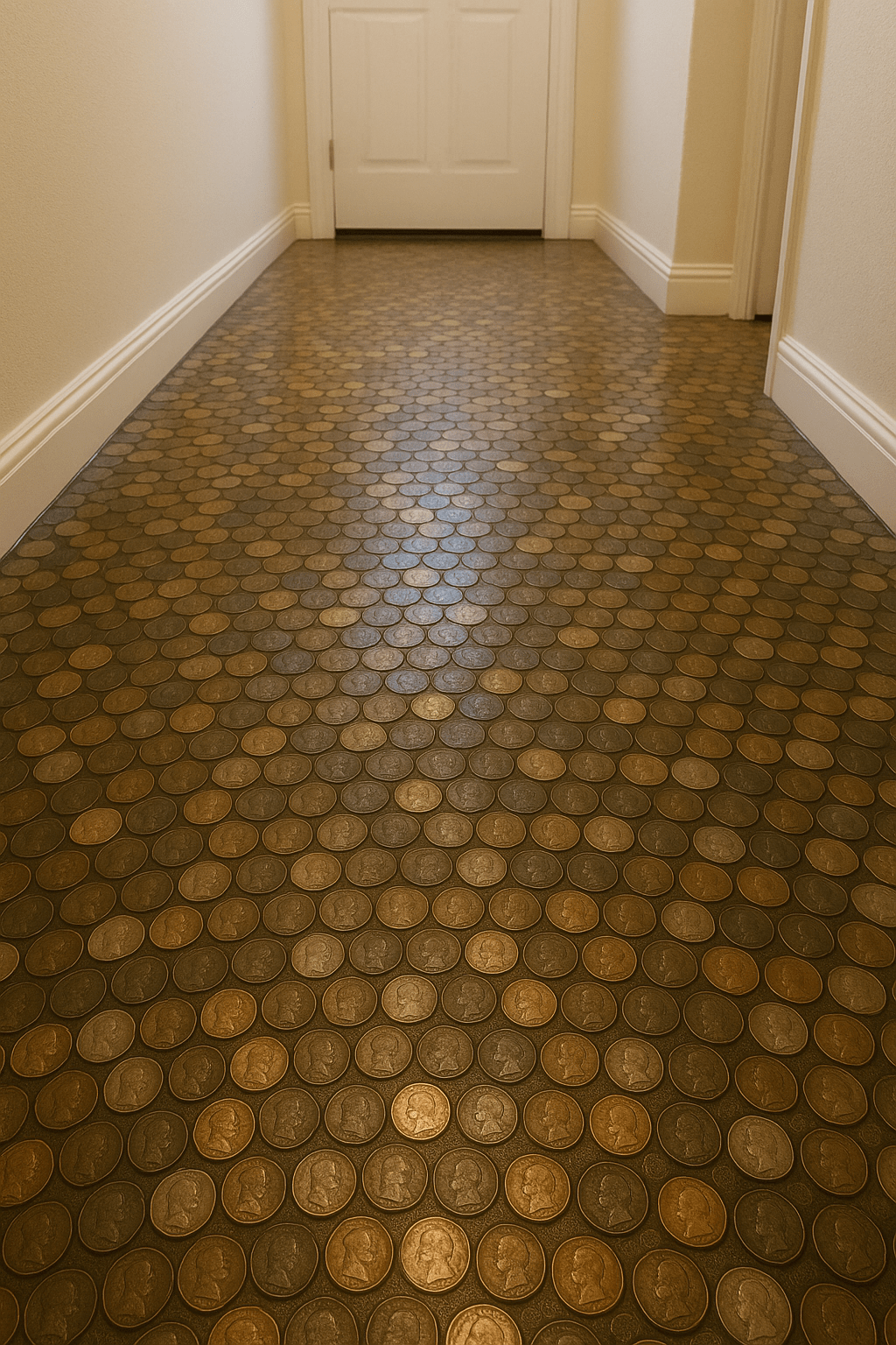 Bronze coin epoxy floor in a minimalist hallway with white walls