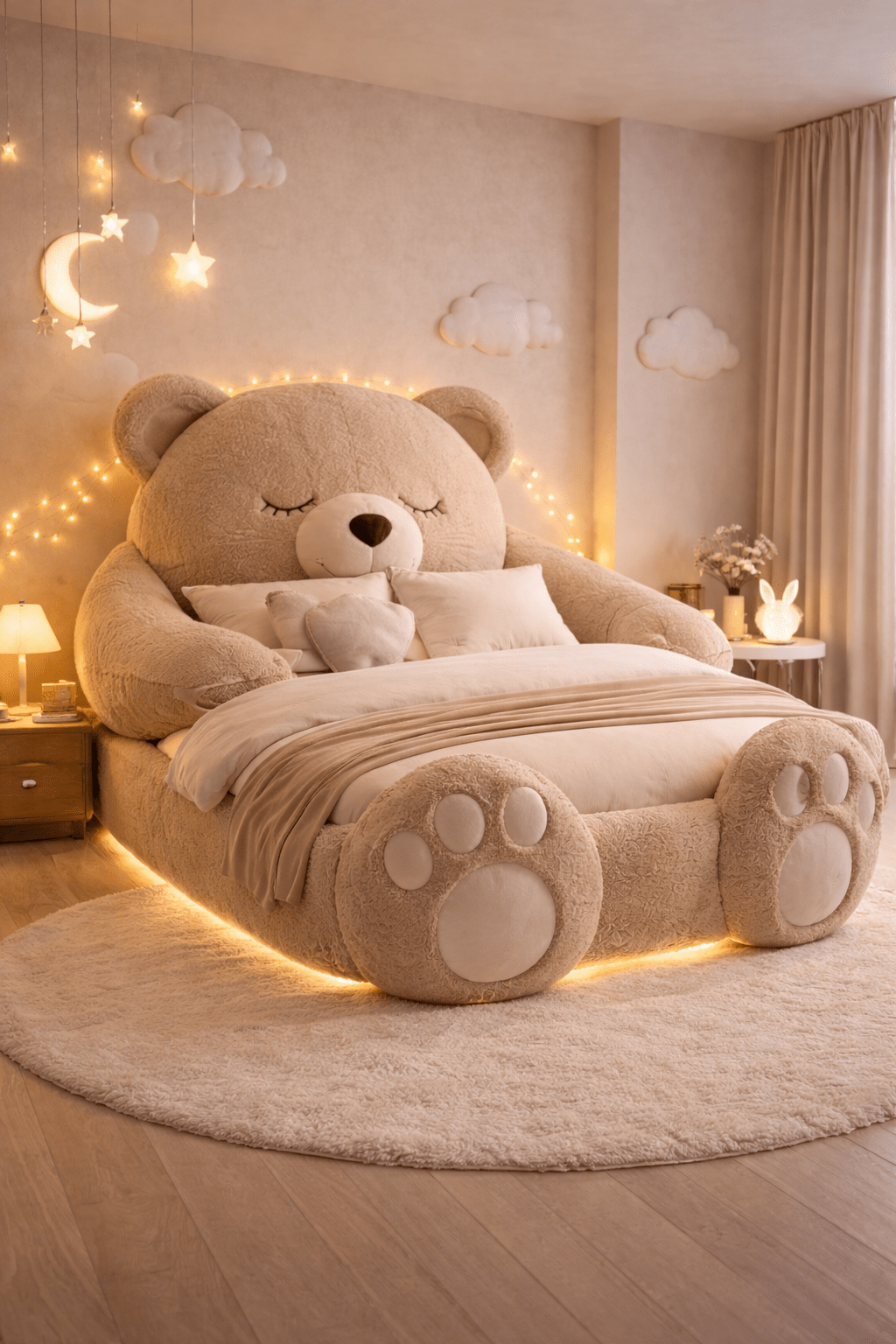 Large beige teddy bear plush bed with soft bedding and glowing base lighting in a warm neutral room