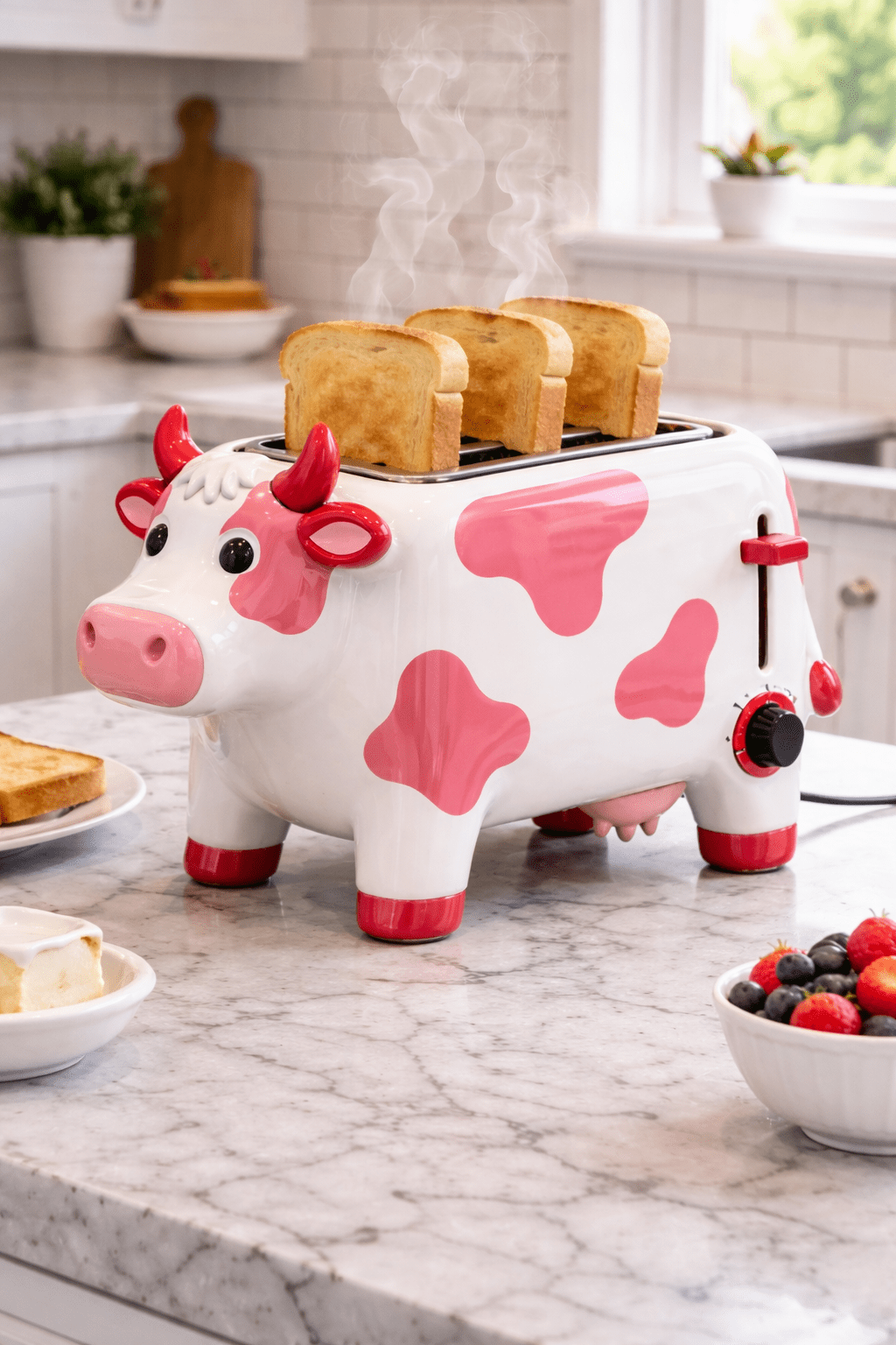Pink cow novelty toaster steaming with freshly toasted bread in a bright kitchen
