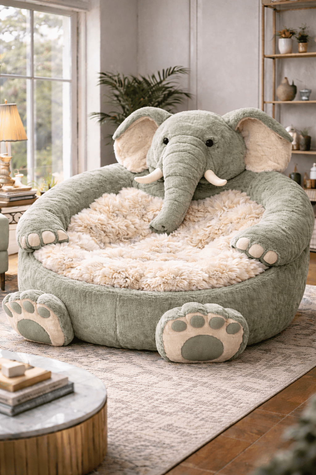 Sage green plush cuddle chair with soft faux fur interior near a window seating area