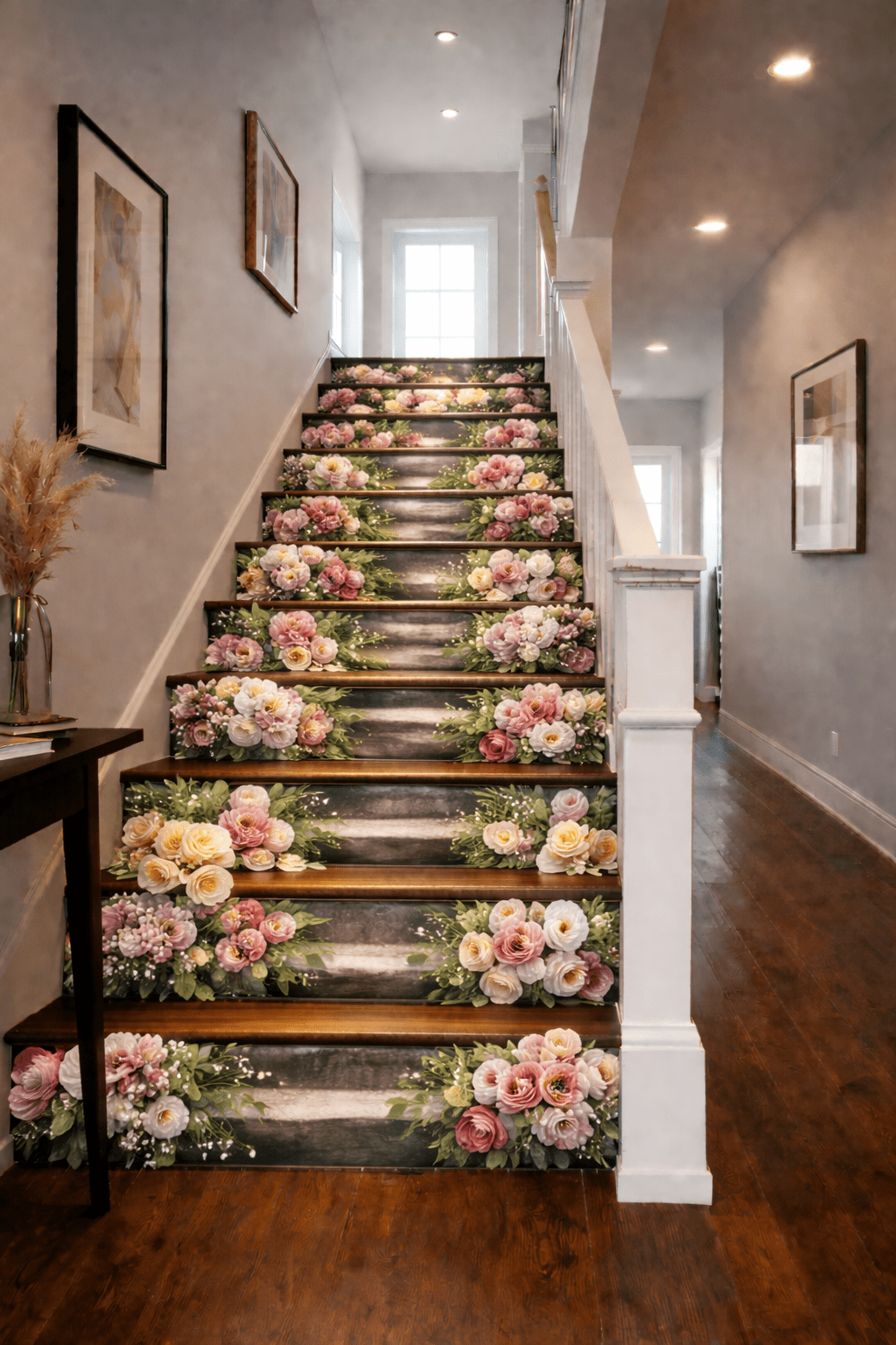 Soft pastel rose floral staircase riser designs with elegant botanical arrangements