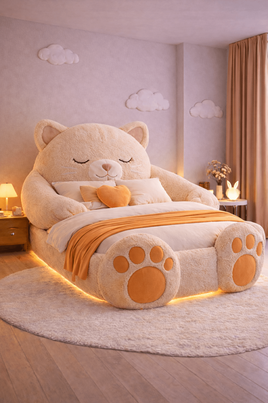Cream plush cat bed frame with orange accents and glowing LED base in cosy bedroom