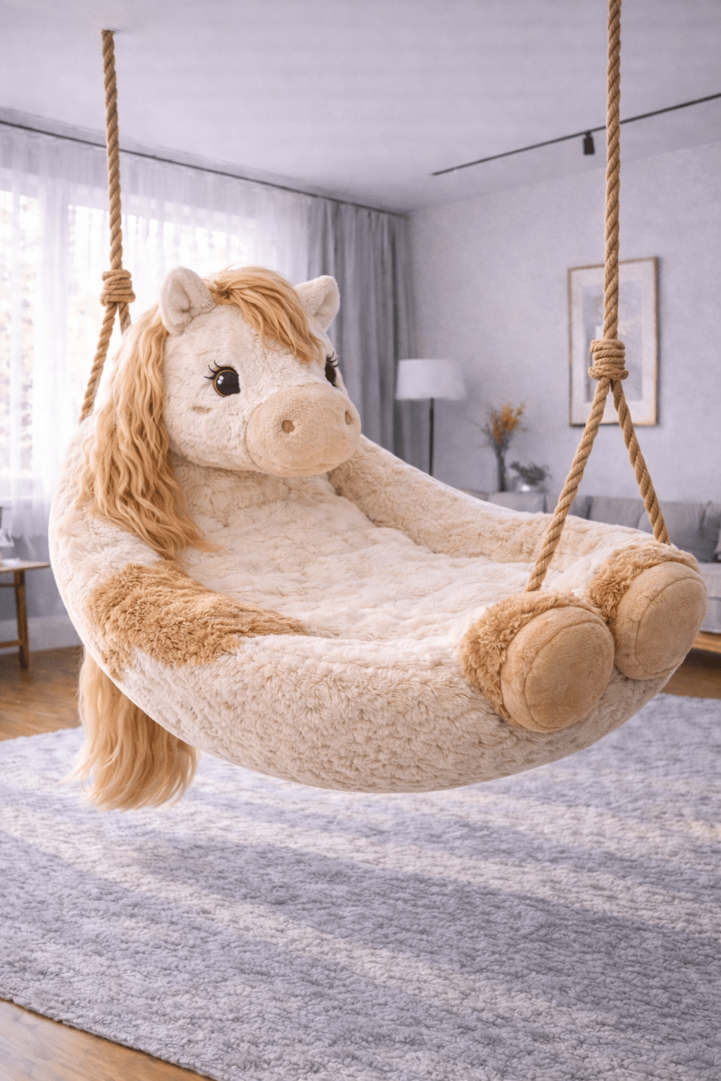 Neutral cream and caramel plush horse swing chair hanging in a stylish living room