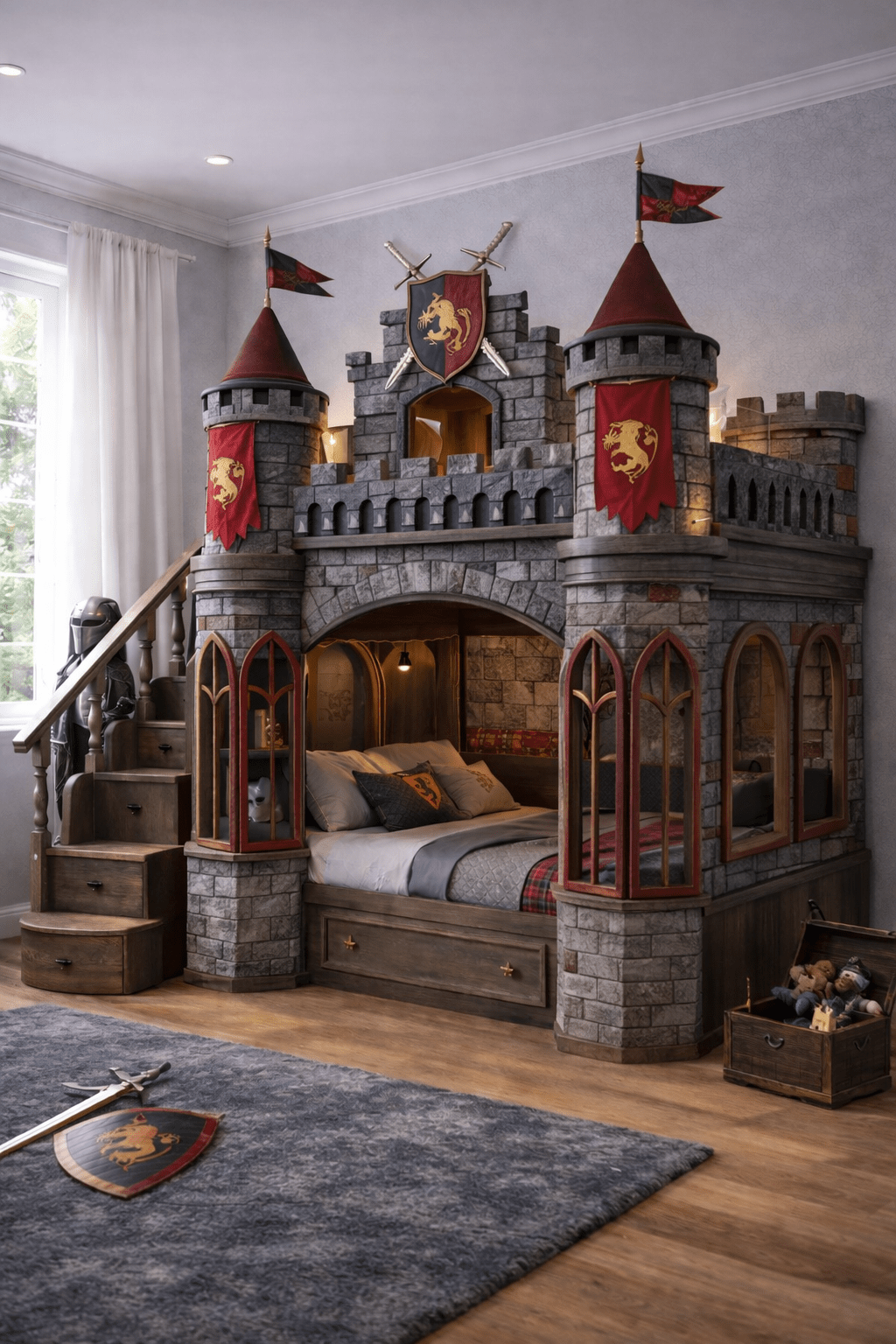 Grey stone castle bed with red banners, turret towers, swords, and built-in staircase storage