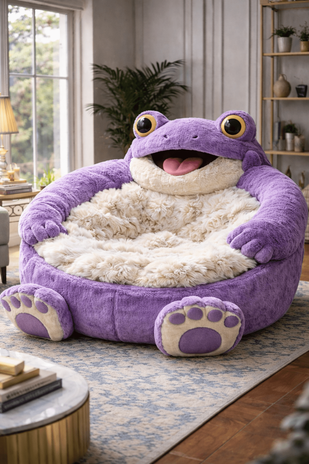 Oversized purple frog plush lounge chair with cosy faux fur interior