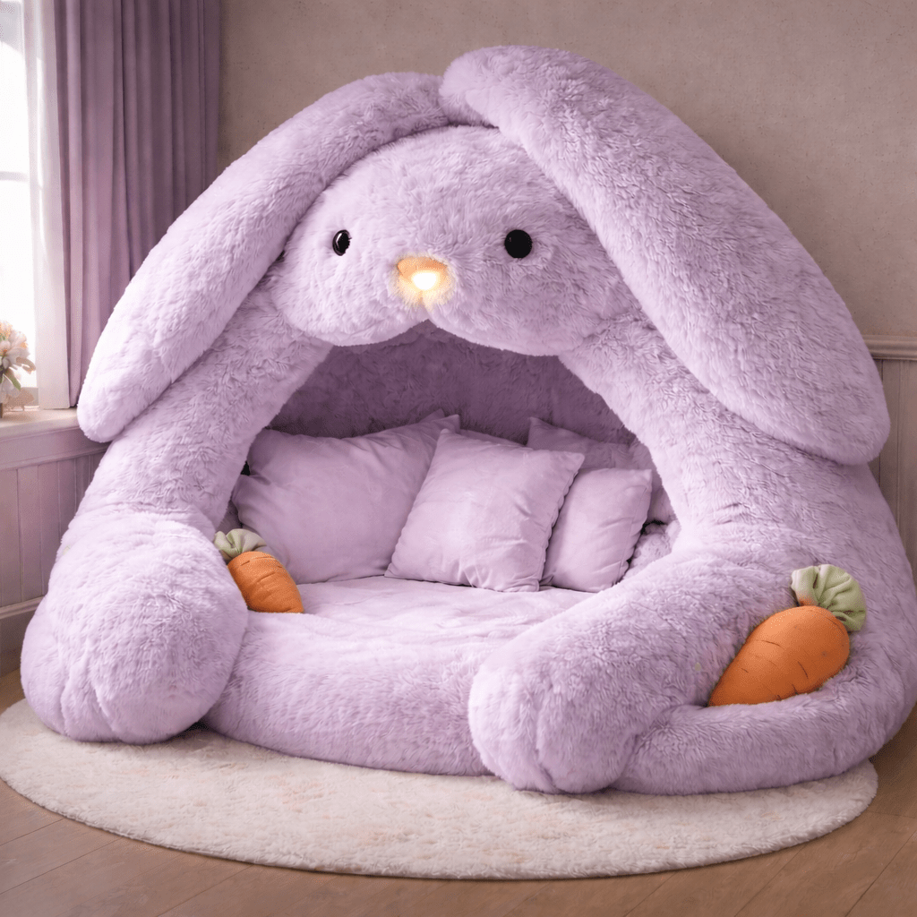 Lavender plush bunny reading pod with soft cushions and enclosed canopy ears