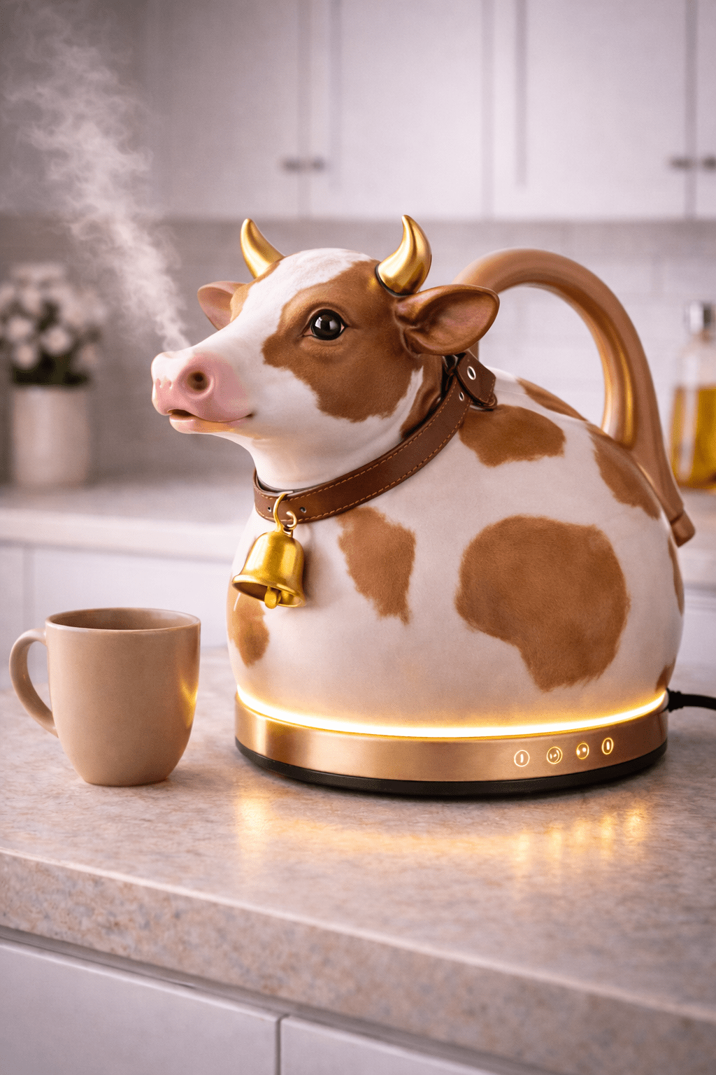 Brown and cream cow-shaped kettle with gold horns on warm toned kitchen worktop
