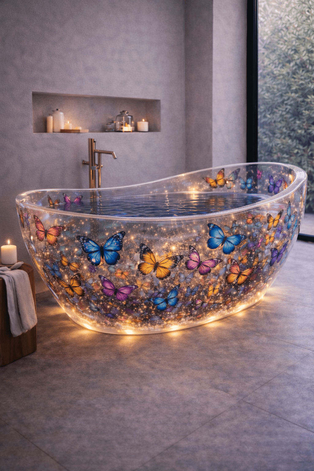 Transparent resin bathtub filled with colourful butterflies and shimmering galaxy textures