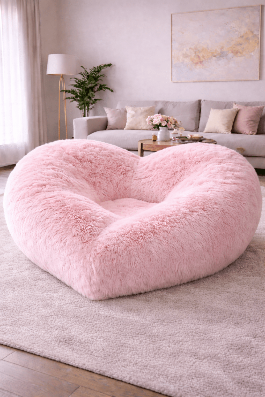 Light pink heart-shaped plush floor lounge chair styled in a calm, modern living space