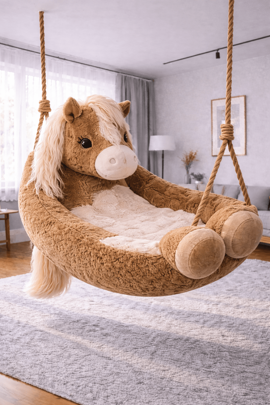 Brown plush horse swing chair with cream mane suspended in a modern home setting