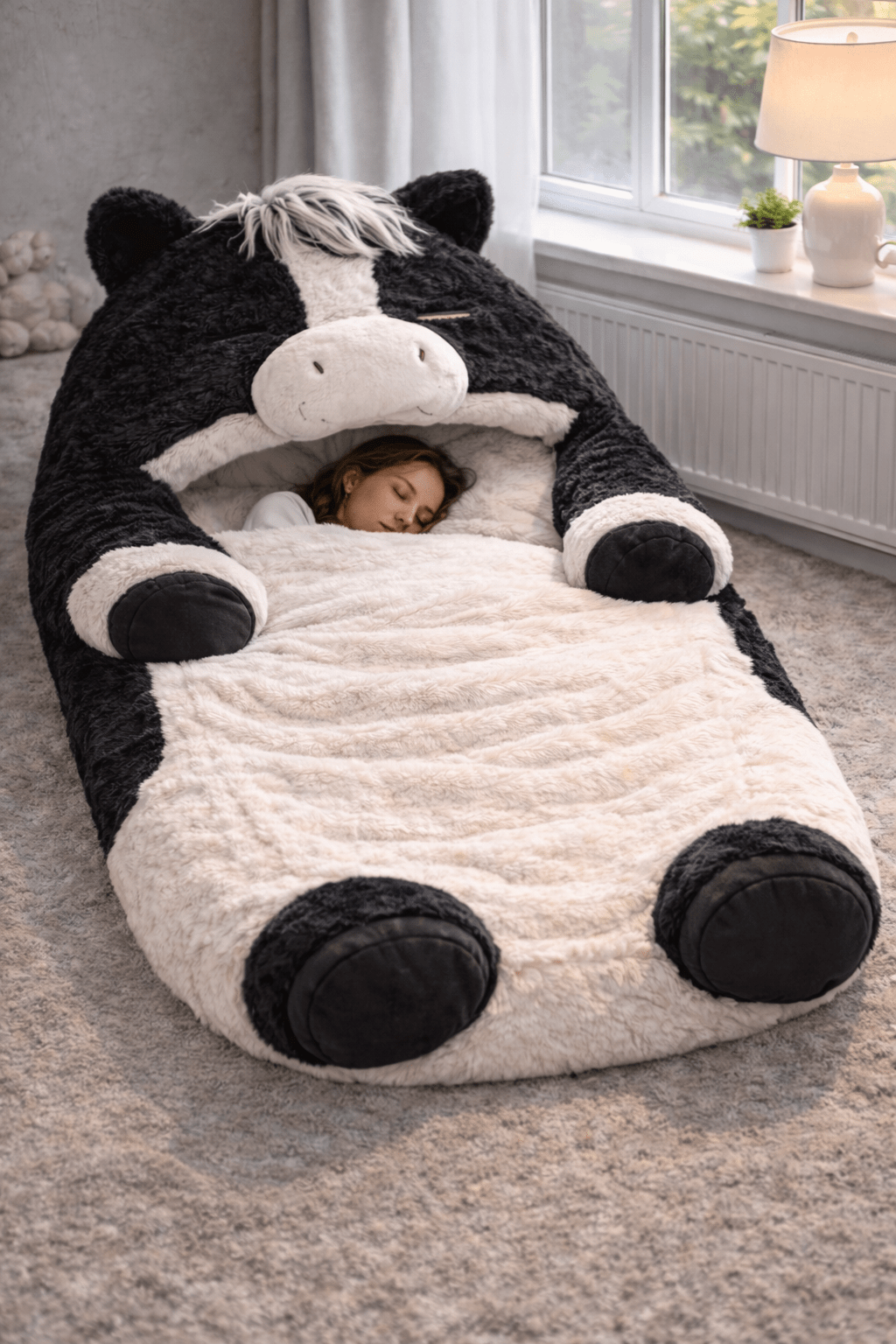 Oversized black and white giant horse-shaped sleeping bag creating a cosy sleep pod