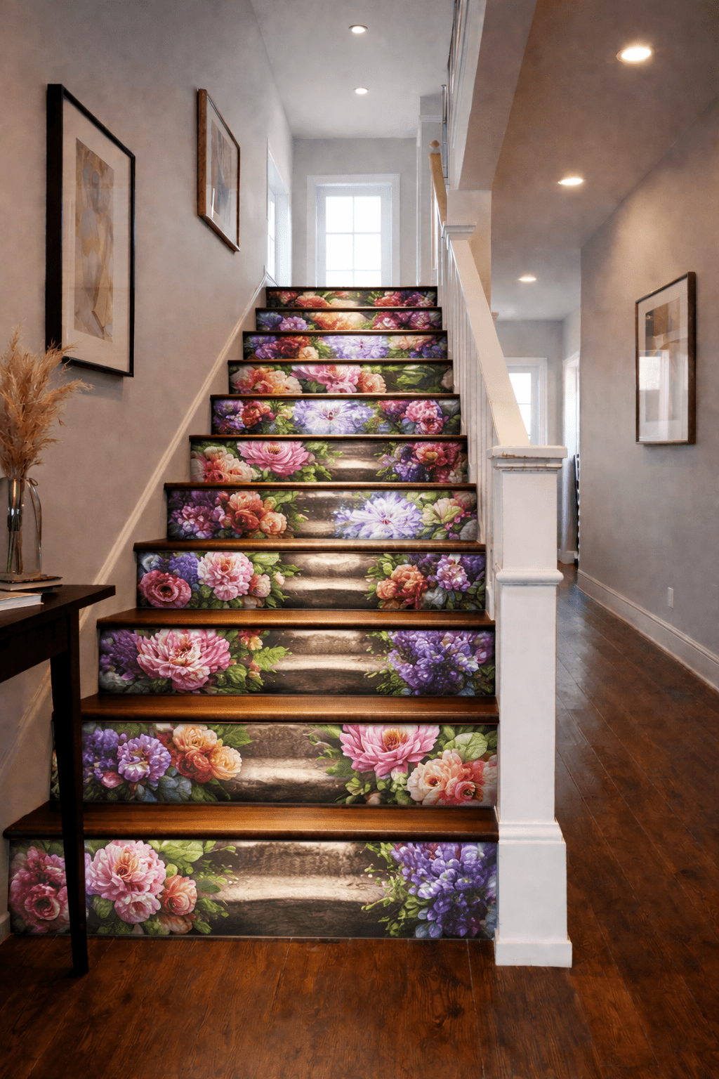 Bold colourful floral staircase riser designs with oversized blooms and lush greenery