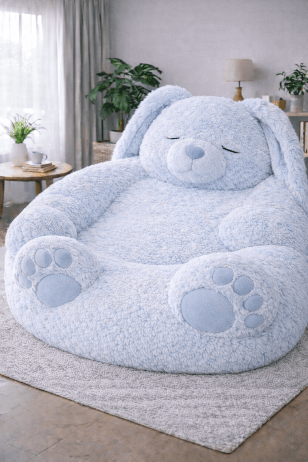 Oversized baby blue plush bunny bean bag chair with floppy ears in a modern home setting