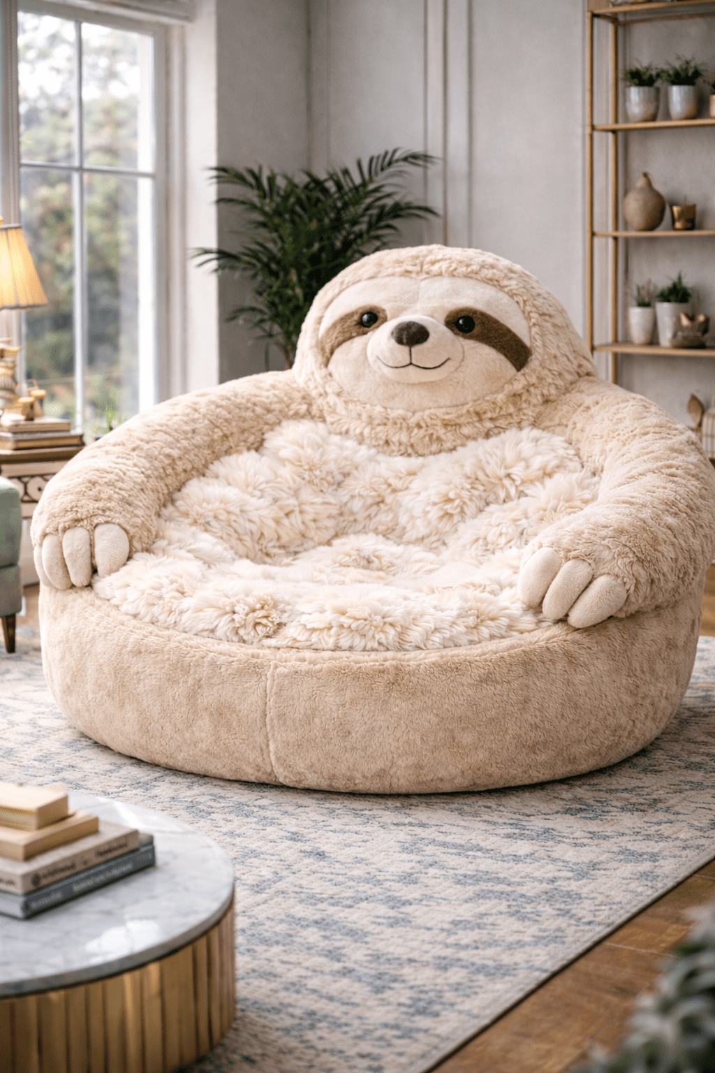 Cream sloth plush lounger chair with plush sherpa lining in an elegant neutral living space