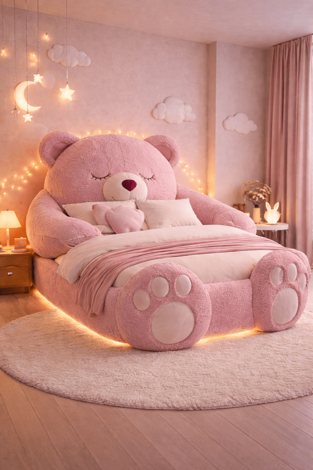 Oversized pink teddy bear plush bed with heart cushion and LED lighting in a pastel themed bedroom