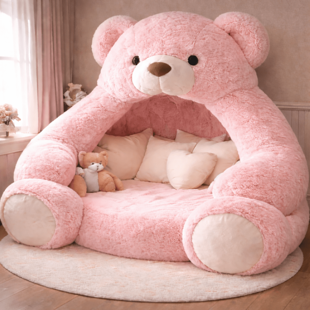 Oversized pink teddy bear lounger bed with plush canopy and cushions in a pastel themed bedroom