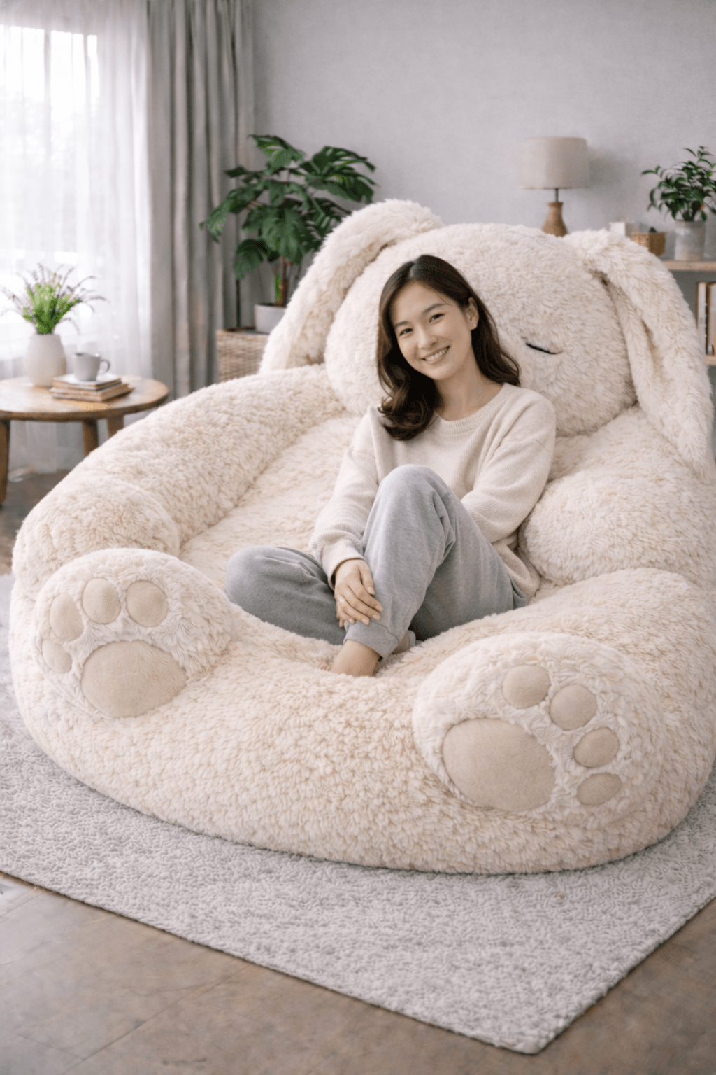 Adult relaxing inside a giant beige plush bunny chair in a contemporary living room