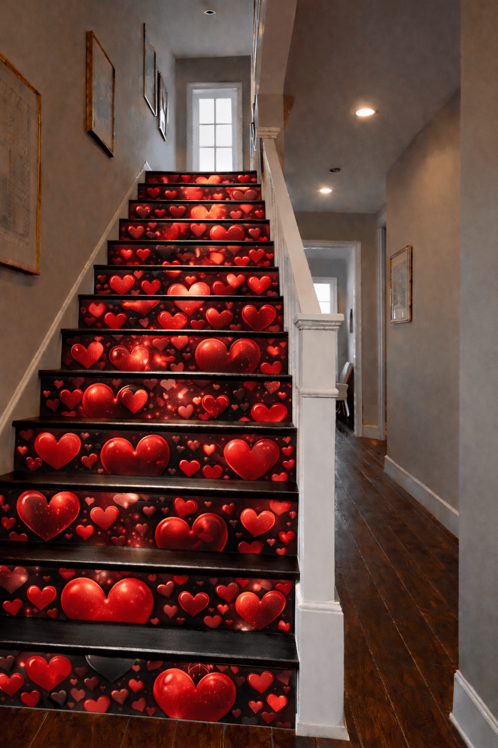 Bold red heart staircase illusion with layered glowing hearts and dark wood steps