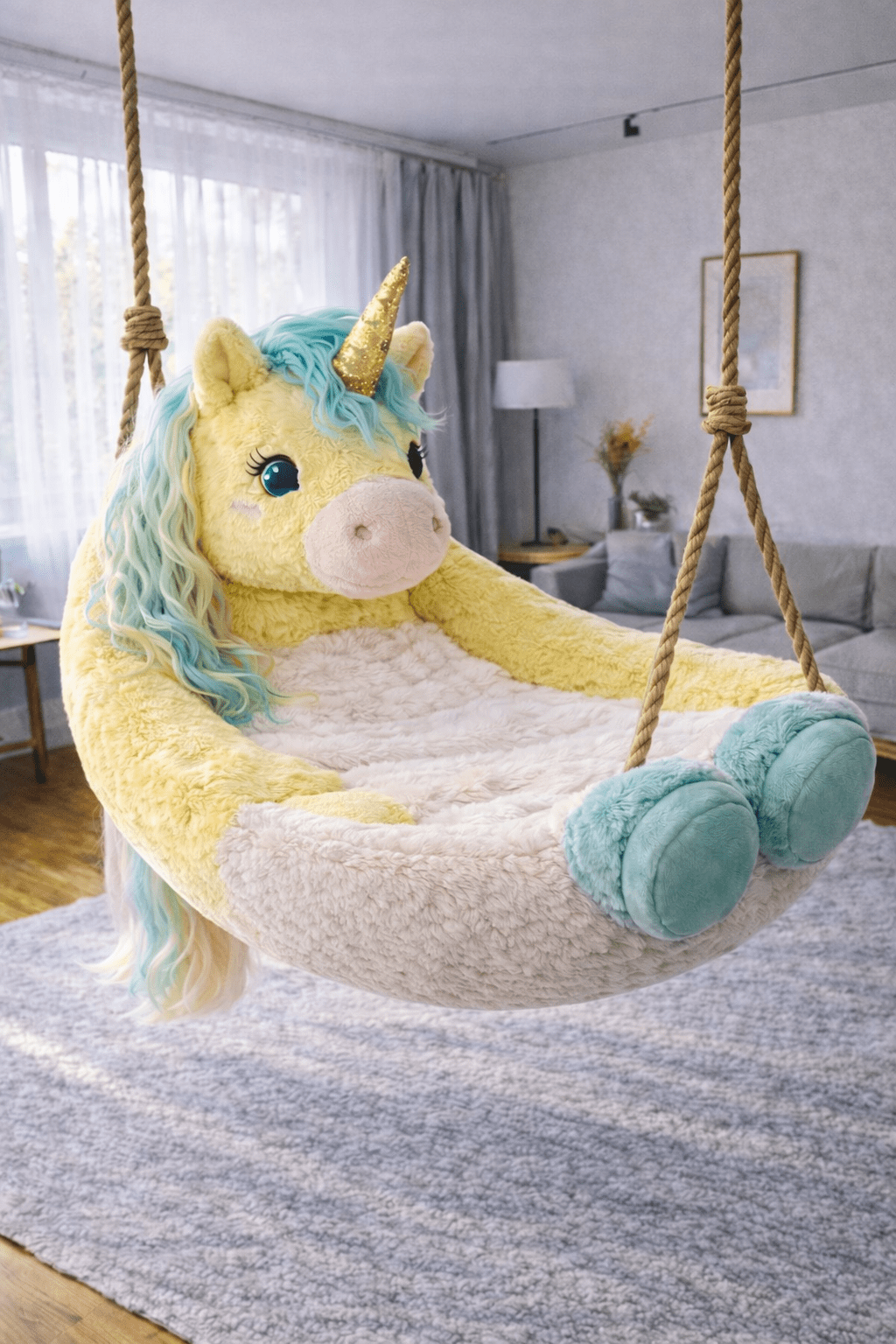 Sunshine yellow unicorn hanging swing chair with teal accents in a modern home interior
