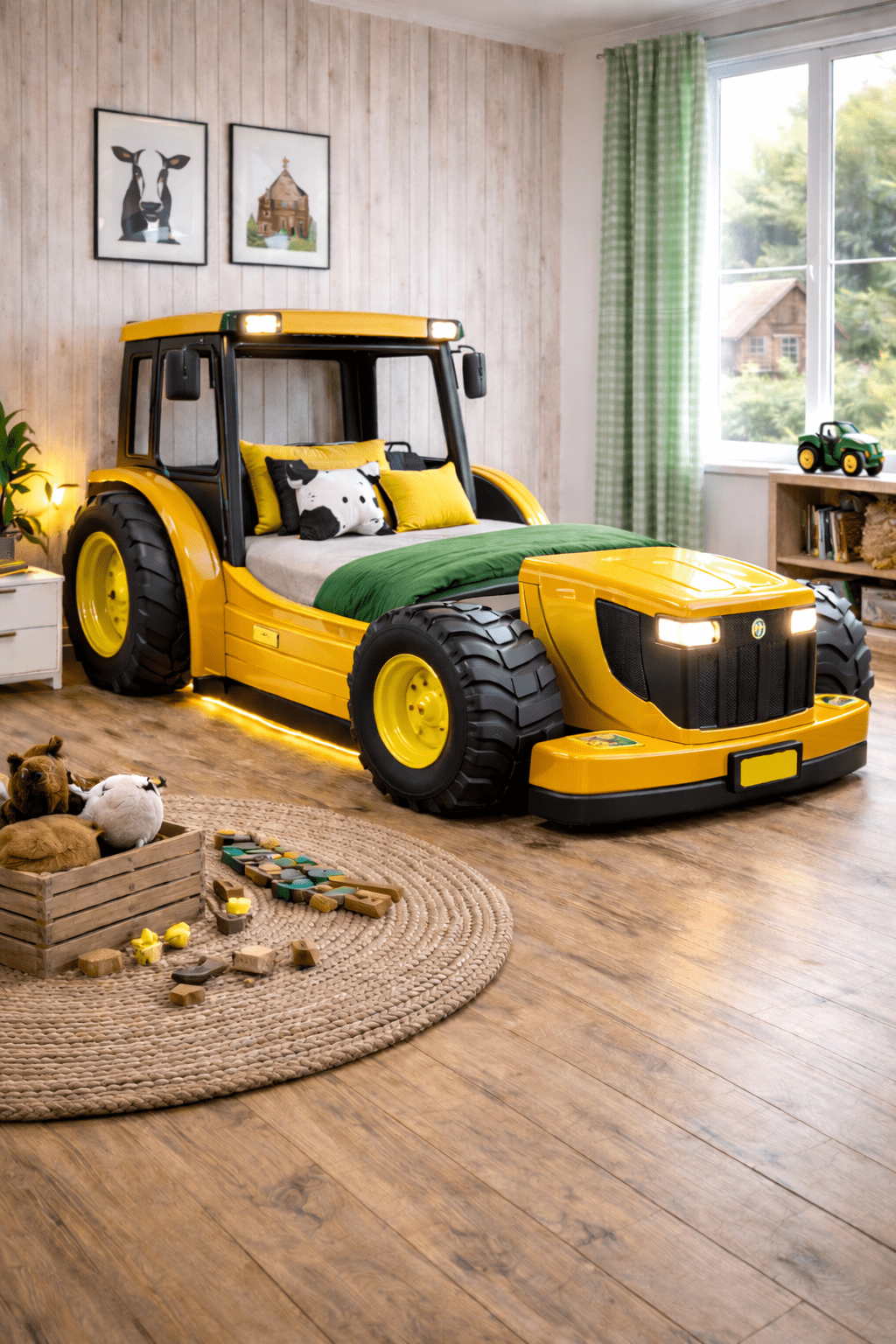 Yellow tractor kids bed with bold design, LED underlighting and countryside bedroom styling