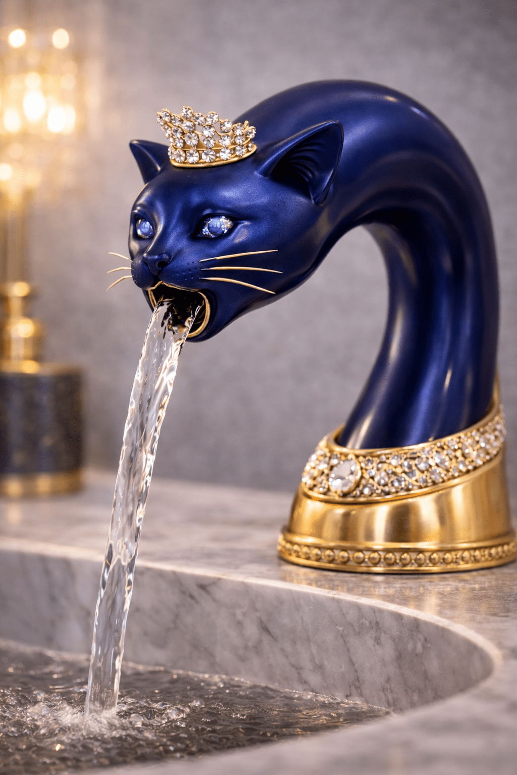 Sapphire blue cat-shaped designer bathroom tap with crystal crown and gold detailing pouring water