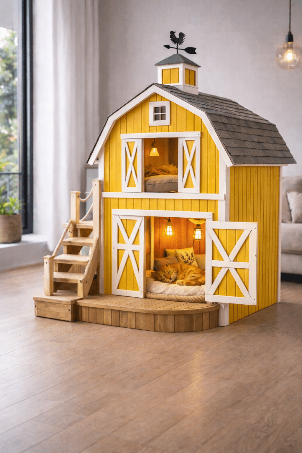 Bright yellow barn-style cat house featuring white cross doors, staircase and warm lighting