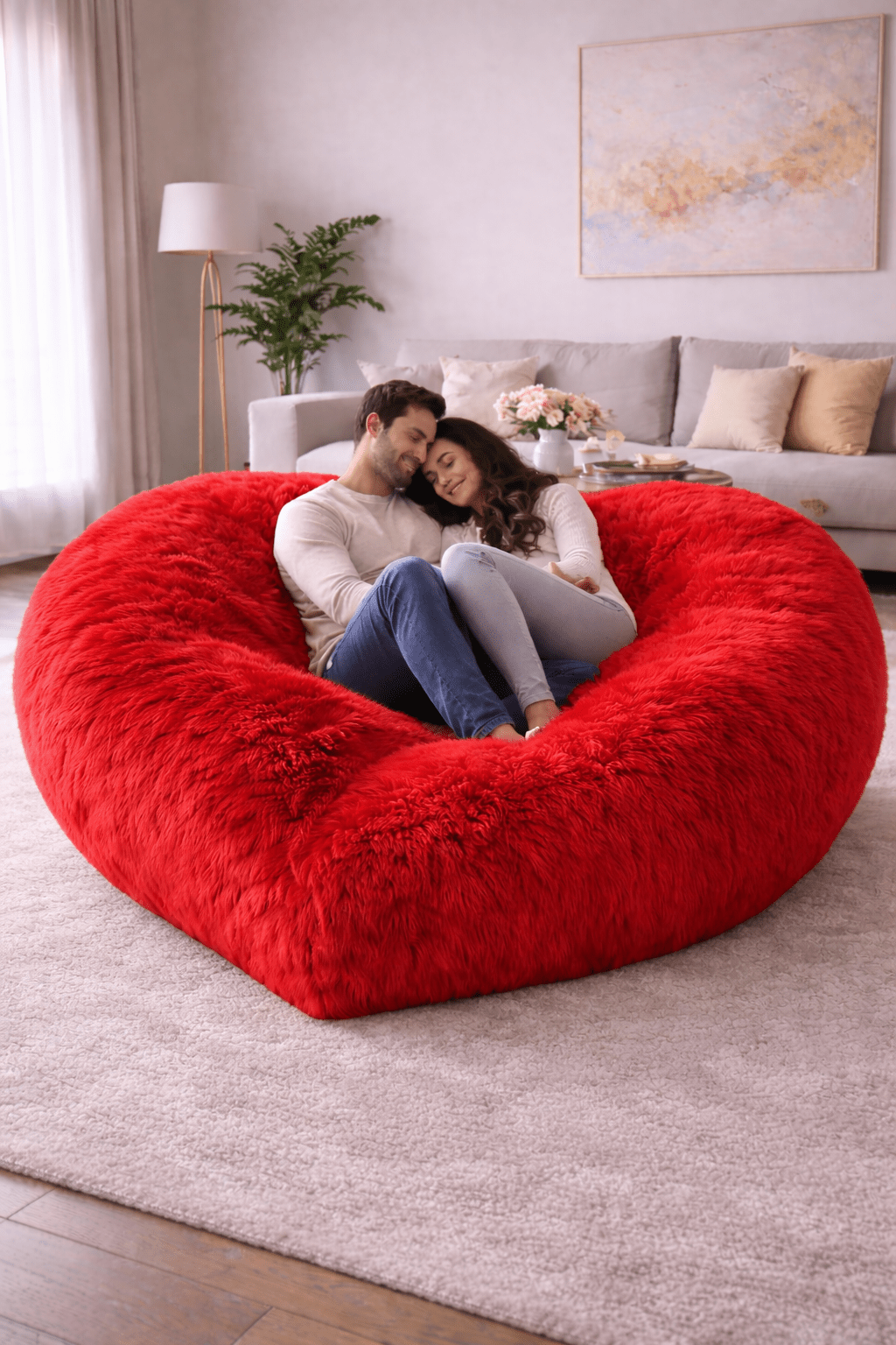 Couple relaxing together on a large red heart-shaped plush lounge chair in a cosy living room