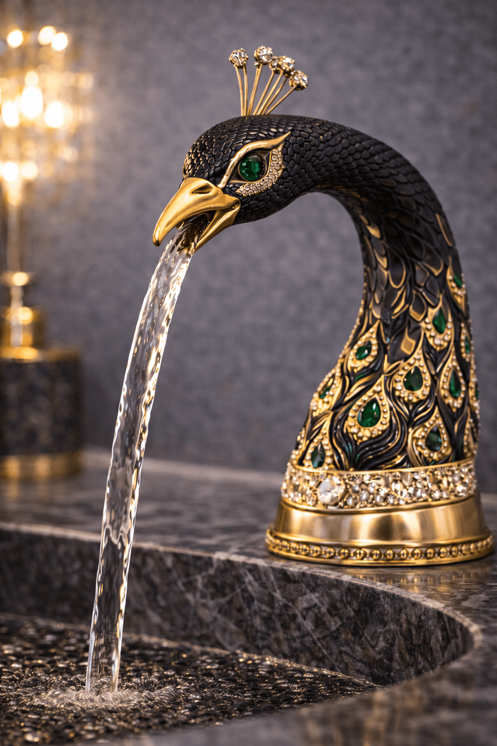 Black peacock luxury tap with green gemstone feather details and gold trim mounted on marble countertop