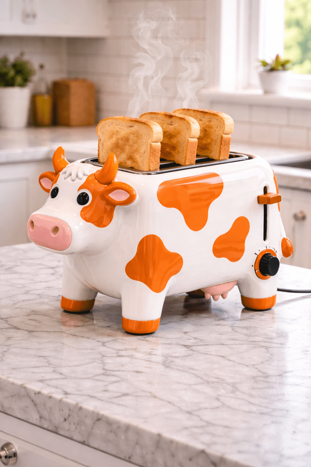 Vibrant orange cow-shaped toaster with toast in a contemporary kitchen