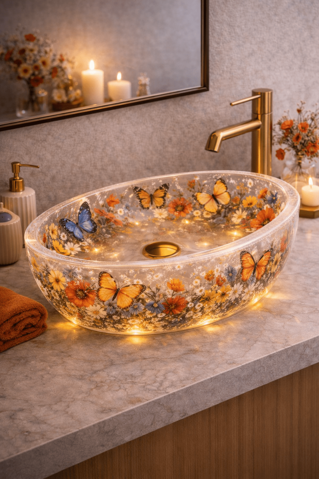 Orange butterfly floral resin bathroom sink with autumn flowers and glowing base lighting