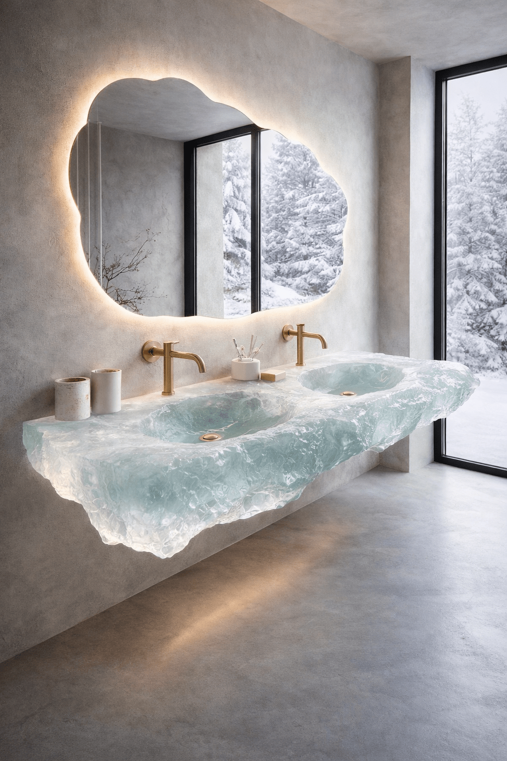 Frosted translucent crystal resin double sink resembling carved ice with brass wall taps