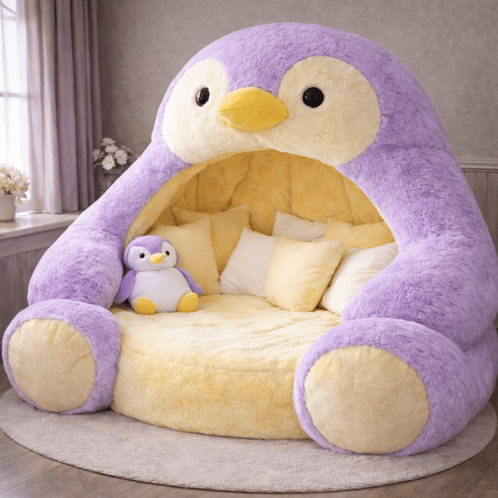 Soft lavender penguin lounge pod with yellow interior and cosy circular base