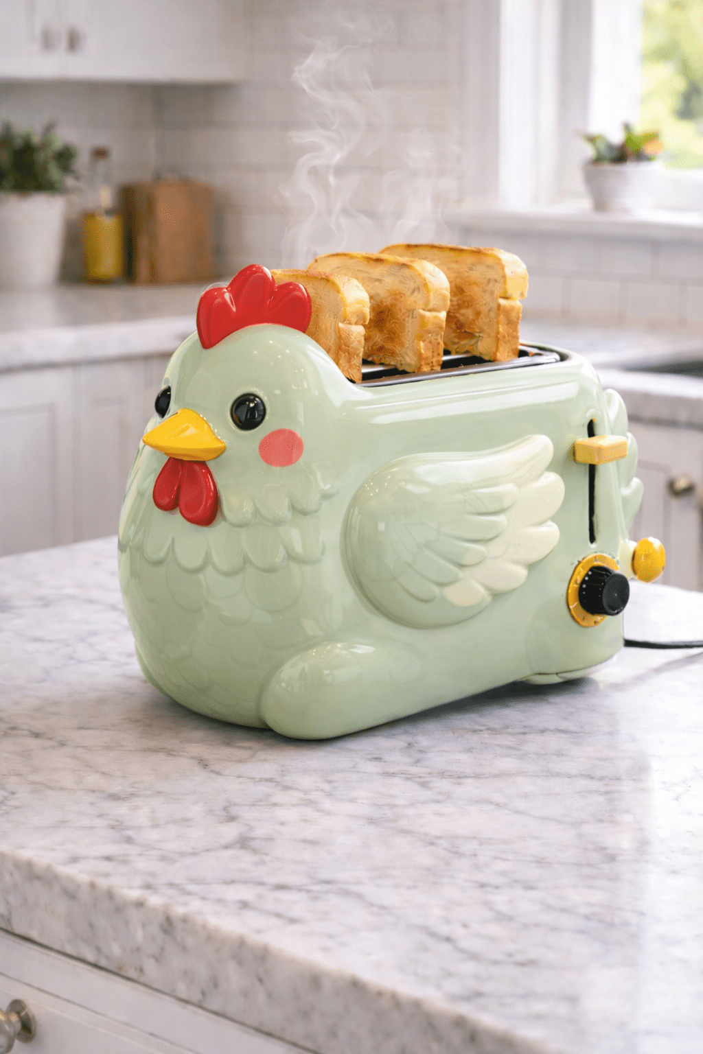 Sage green chicken-shaped toaster adding a playful touch to a stylish kitchen
