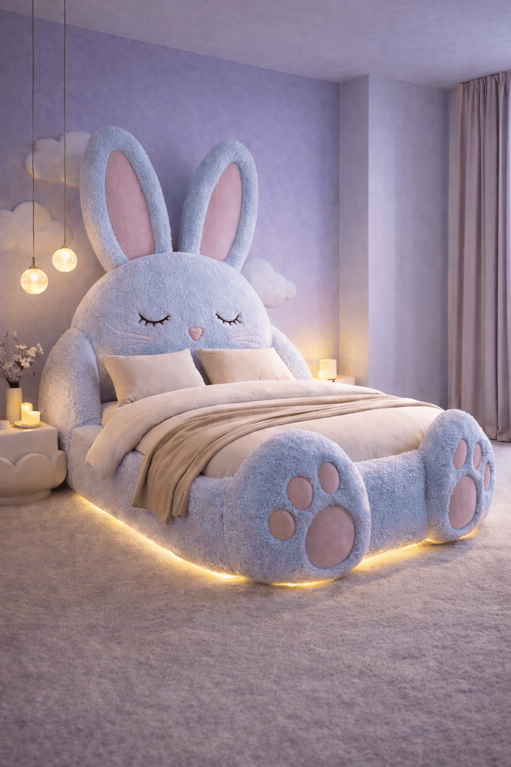 Light blue plush bunny bed featuring padded paw footboard and warm LED glow