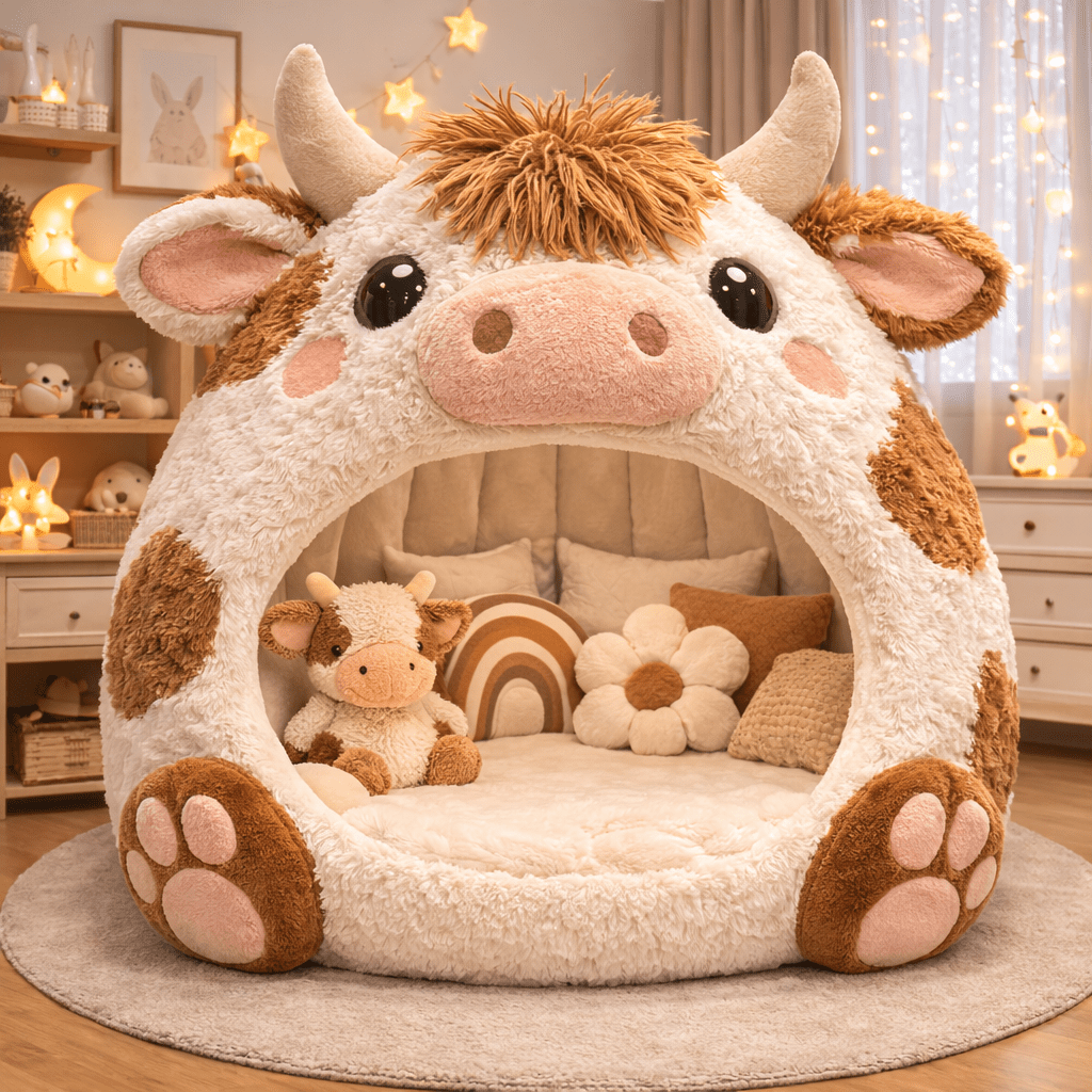 giant cream and brown cow-shaped plush lounger pod reading nook for children bedroom