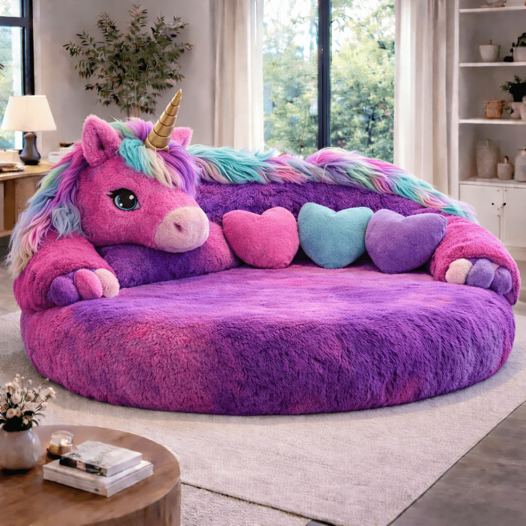 Vibrant purple and pink giant unicorn plush sofa with colourful heart cushions
