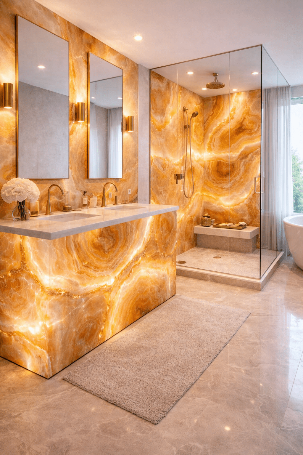 Luxury amber onyx geode-inspired bathroom with illuminated vanity panels, brass taps and walk-in glass shower