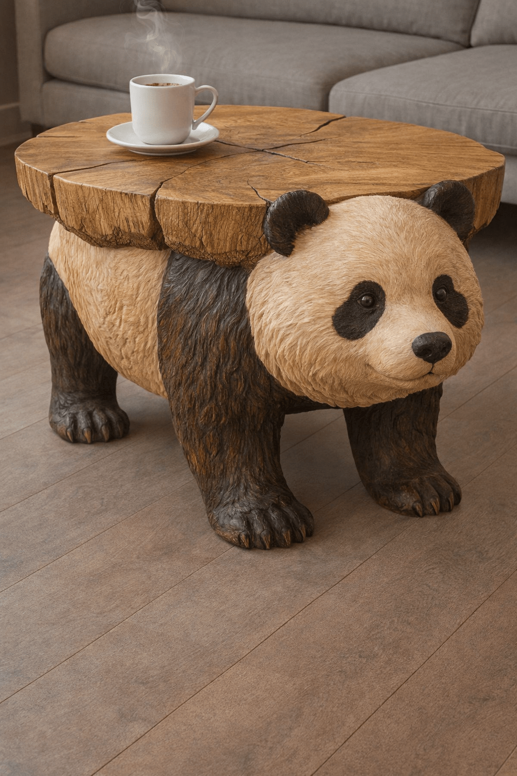 Hand-carved panda wooden coffee table with cracked tree trunk surface in modern living room