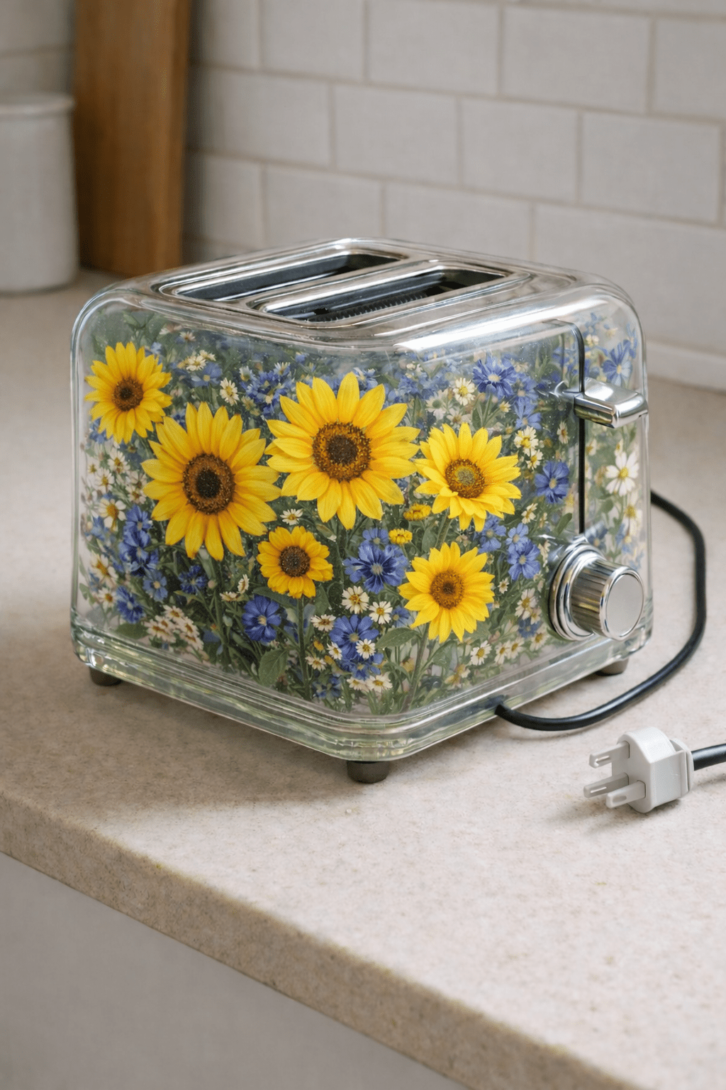 Transparent glass toaster featuring bright sunflower and wildflower design sitting on a modern kitchen countertop.