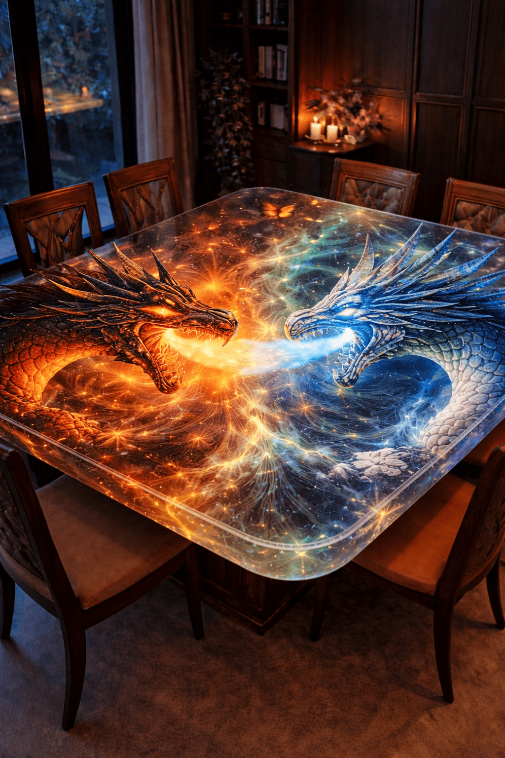 fiery orange dragon battling icy blue dragon inside glowing epoxy resin dining table with cosmic energy effects