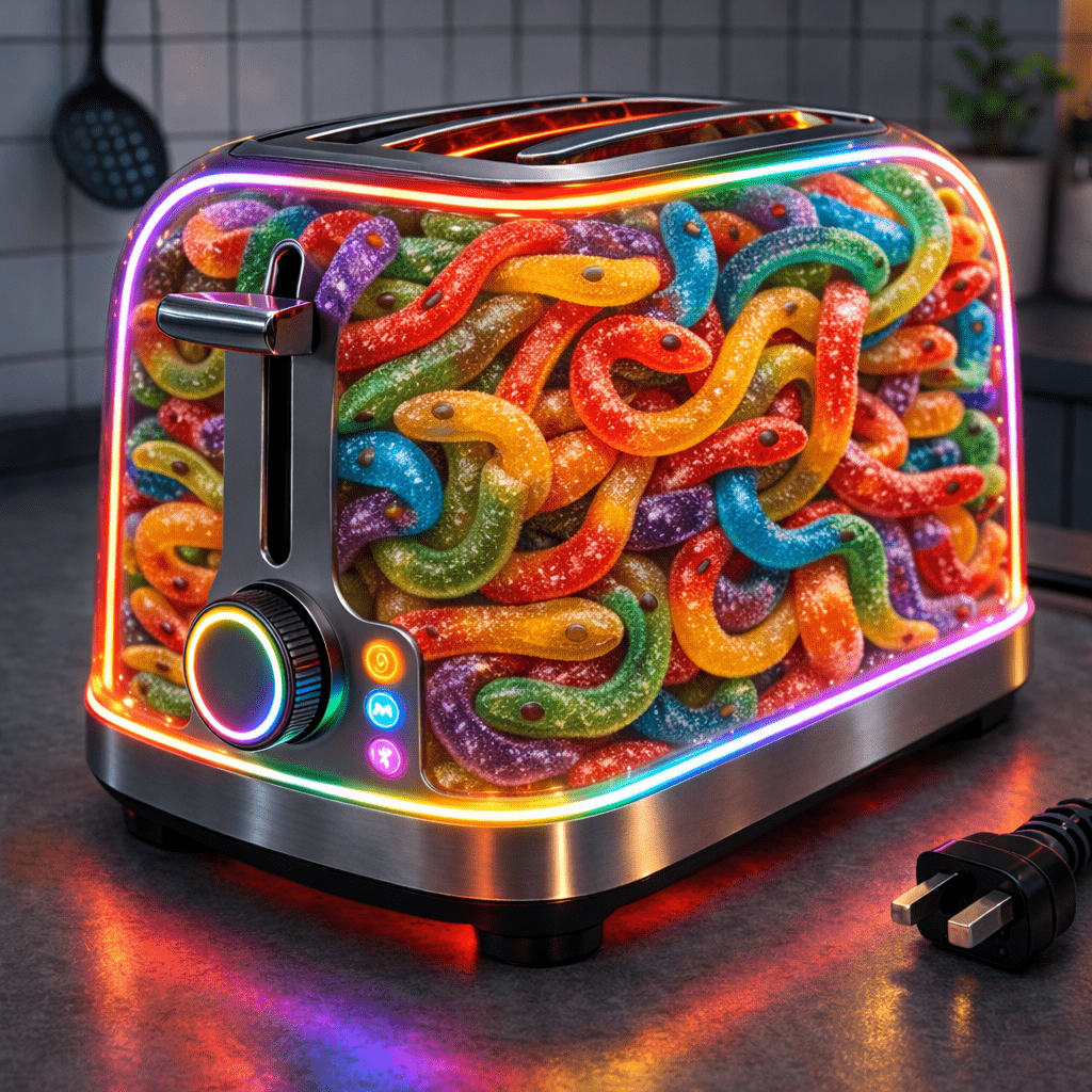 LED transparent toaster filled with colourful sour worm sweets creating a novelty candy themed kitchen appliance