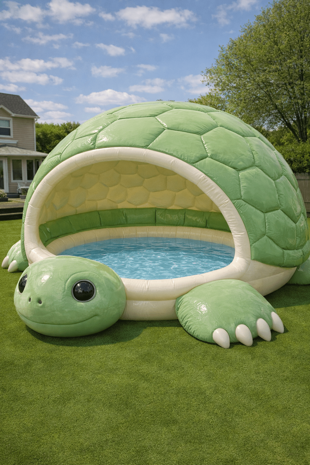 Green turtle-shaped inflatable paddling pool with canopy in a sunny garden