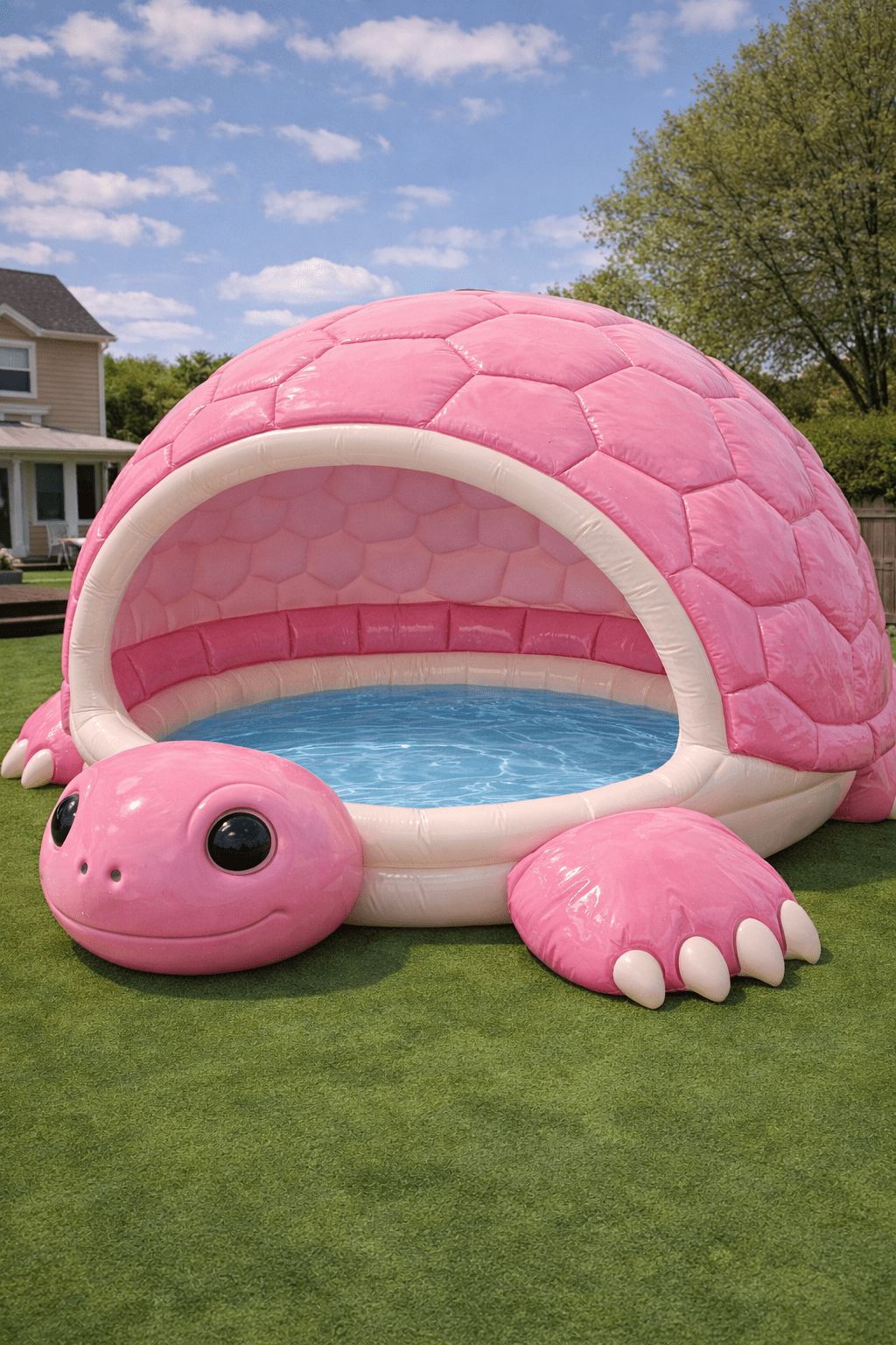 Pink pool with shaded shell design on lawn