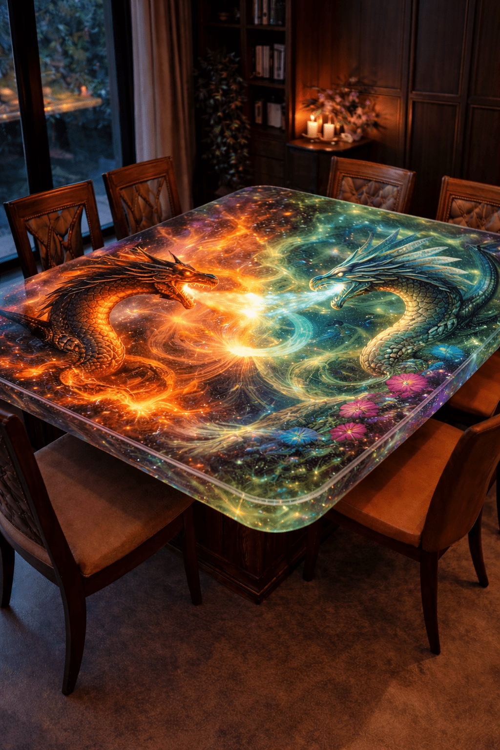 two fantasy dragons clashing in a colourful galaxy-style epoxy resin dining table with swirling cosmic patterns